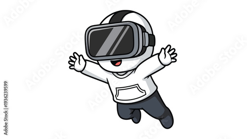 Excited cartoon character flying with VR headset, experiencing immersive virtual reality