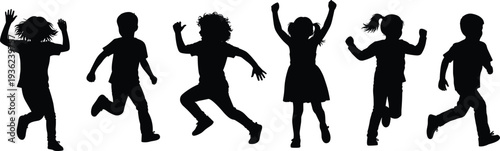 Group of happy diverse children silhouettes jumping running and playing together in joy isolated on white background for school youth concept