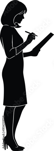 Professional female business assistant silhouette standing holding clipboard and pen writing notes isolated on white background for corporate office concepts
