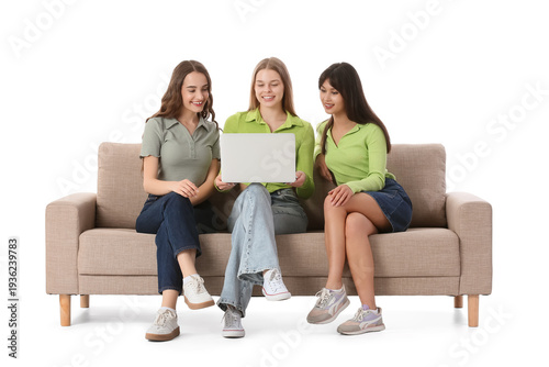 Young women using laptop on...