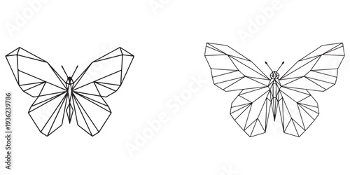 Geometric butterfly illustrations displayed side by side in a minimalist design on a clean white background from a front viewpoint