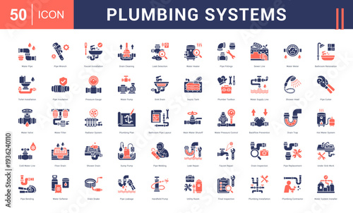 Plumbing Systems Icon Set. Water Pipe, Pipe Wrench, Faucet Installation, Drain Cleaning, Leak Detection and more. Glyph Dual Tone style vector icons collection.