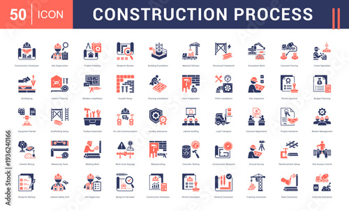 Construction Process Icon Set. Construction Contractor, Site Supervision, Project Planning, Blueprint Review, Building Foundation and more. Glyph Dual Tone style vector icons collection.