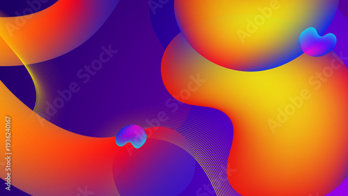Organic fluid liquid shapes with vibrant orange and yellow gradients floating on a deep purple backdrop