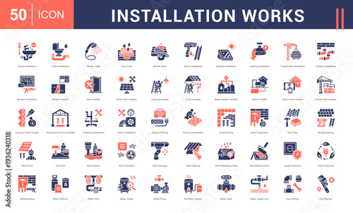 Installation Works Icon Set. Faucet Installation, Toilet Installation, Shower Head, Floor Drain, Shower Drain and more. Glyph Dual Tone style vector icons collection.