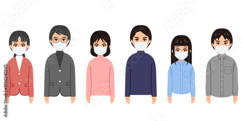 マスクをする人々のイラストセット(私服)