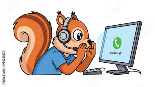 Cartoon Squirrel Customer Service Agent on Active Call with Headset and Computer
