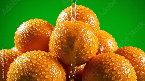 Fresh oranges covered in glistening water droplets against a vibrant green