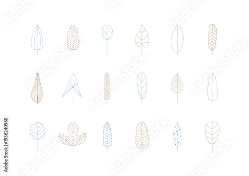 青と茶色の色々な形をした葉っぱの線画手描きイラストセット