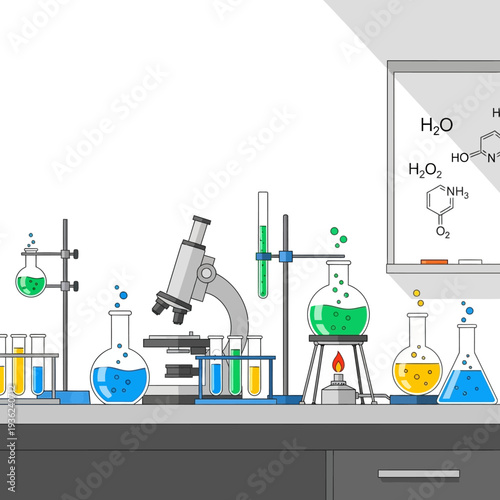 Science Laboratory Equipment and Chemical Formulas on Whiteboard