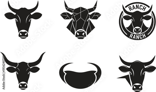 Collection of stylized bull and cow heads, graphic design elements for branding