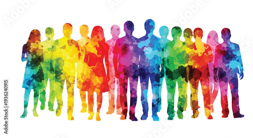 Diverse group of people silhouettes filled with vibrant rainbow watercolor splash texture graphic illustration