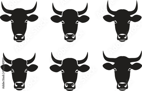 Collection of black cow and bull head icons, graphic vector elements for farms