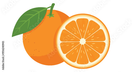 Fresh and vibrant vector graphic illustration of a whole orange with a green leaf and a perfectly sliced half.
