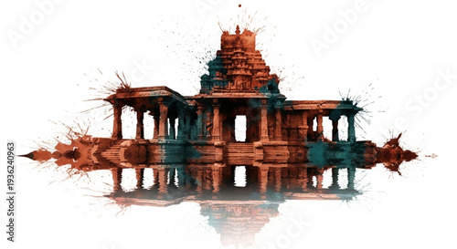 Ancient temple structure with distressed digital effects and reflection