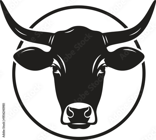 Stylized bull head inside a circle, minimalist logo for ranch and farming brands