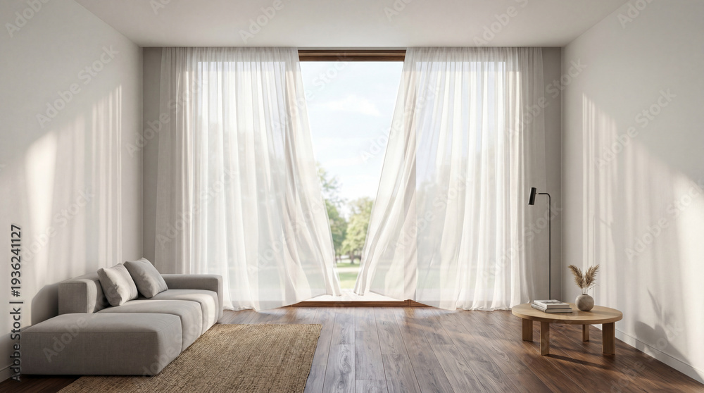 Fototapeta premium Modern minimal living room featuring wood floor with a large window elegant contemporary white room ,Color of the Year 2026 – Cloud Dancer ,copy space ,empty room.3Drender