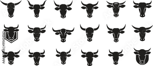 Large Collection of Eighteen Black Cow Head Silhouettes in Various Styles and Designs
