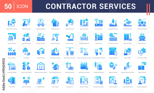 Contractor Services Icon Set. Construction Contractor, Plumbing Contractor, Electrical Contractor, Roofing Contractor, Painting Contractor and more. Glyph Gradient style vector icons collection.