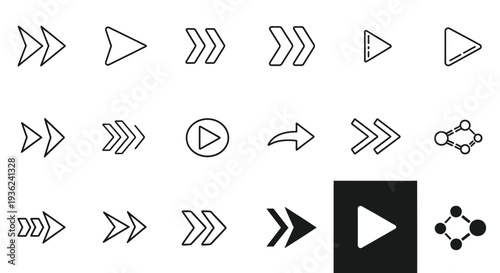 Vector graphic illustration showcasing a diverse set of multimedia player and navigation arrow icons