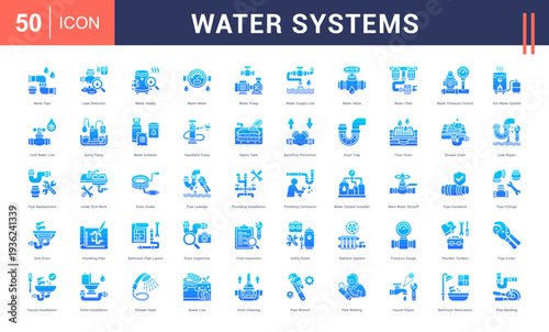 Water Systems Icon Set. Water Pipe, Leak Detection, Water Heater, Water Meter, Water Pump and more. Glyph Gradient style vector icons collection.