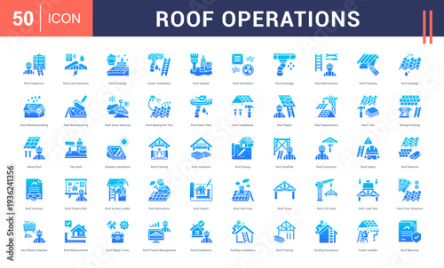 Roof Operations Icon Set. Roof Inspection, Roof Leak Detection, Roof Cleaning, Gutter Installation, Roof Sealant and more. Glyph Gradient style vector icons collection.