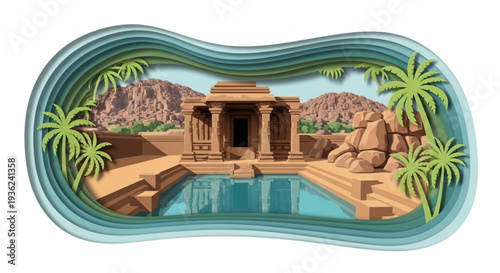Ancient temple with pool and palm trees in desert landscape with rocky mountains