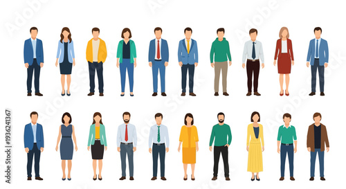 Diverse group of vector people illustrations depicting men and women in various professional and casual attire.
