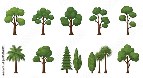 Diverse collection of flat design vector tree illustrations showcasing various nature and plant graphics for design projects.