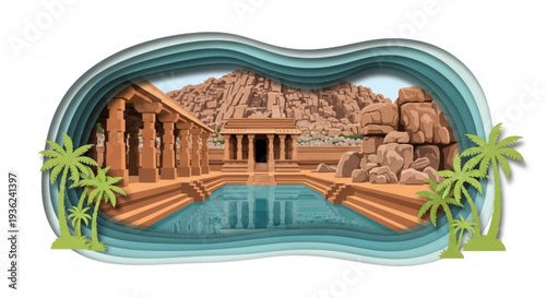 Ancient temple pool with palm trees in a desert oasis landscape with rocky hills