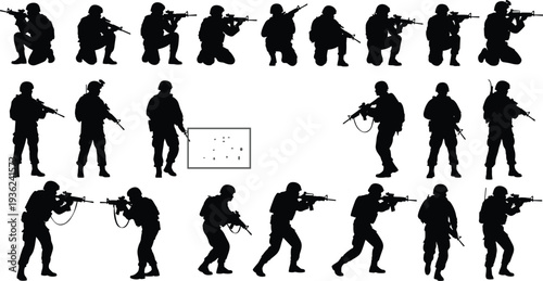Tactical soldier silhouette vector set featuring various military combat poses and infantry positions isolated on white background for defense design.