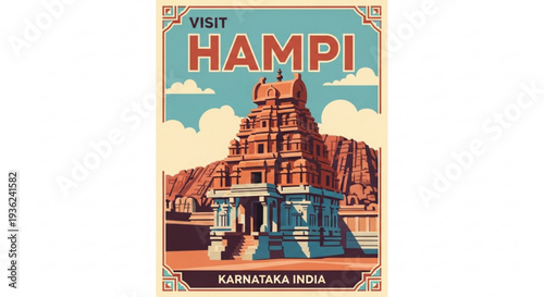Vintage travel poster of hampi temple karnataka india with visit hampi text
