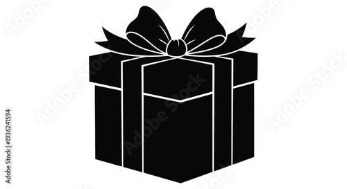 A black and white silhouette of a gift box with a decorative bow on top