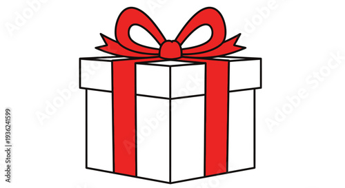 A simple illustration of a white gift box tied with a bright red ribbon and bow