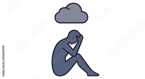 A stylized illustration depicts a person in a fetal position under a rain cloud