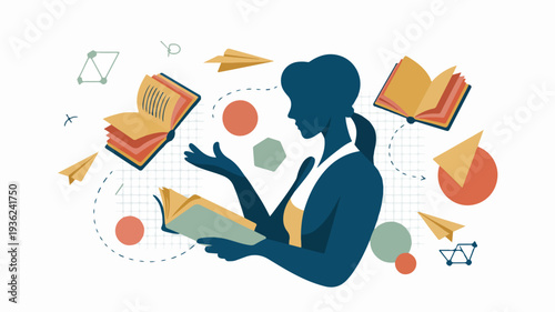 Woman Reading with Educational Icons