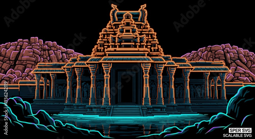 Ancient temple with orange neon outline on stone steps surrounded by rocks and water at night