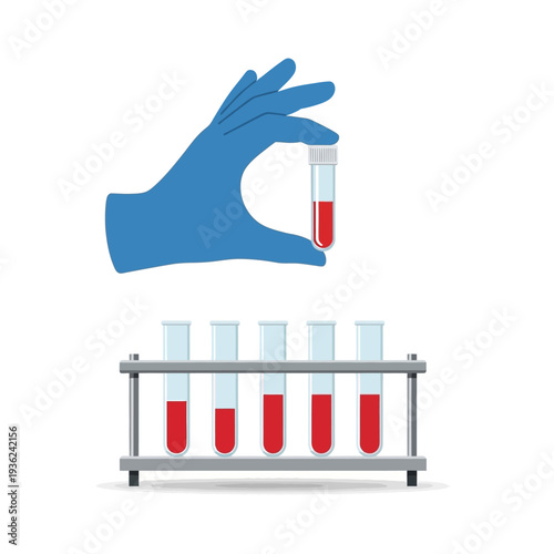 Hand in Glove Holds Blood Sample Tube Above Rack of Test Tubes