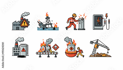 Industrial fire safety icons with worker and machinery