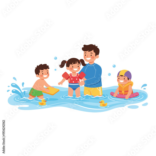 A cheerful vector illustration shows a man teaching three children to swim and play in the water with kickboards, arm floaties, and rubber ducks.