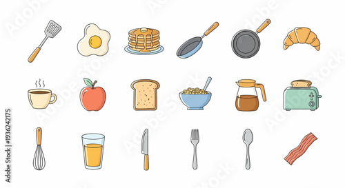 Breakfast Food and Drink Icons in Flat Design Style