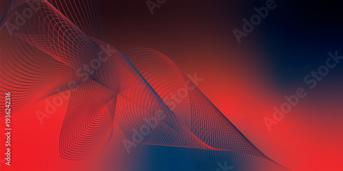 Abstract red and navy blue light streams curving through a deep dark backdrop with sparkling micro particles, modern digital technology concept, vector illustration