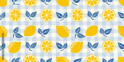 Seamless pattern of lemons lemon slices and leaves on gingham