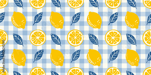 A cheerful pattern of lemons leaves and halves on a blue gingham background