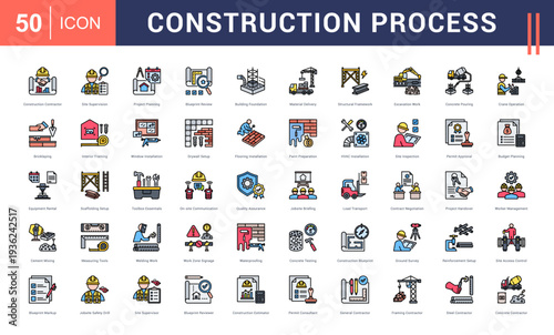 Construction Process Icon Set. Construction Contractor, Site Supervision, Project Planning, Blueprint Review, Building Foundation and more. Flat Line style vector icons collection.