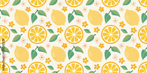 A cheerful pattern of lemons lemon slices and delicate floral accents