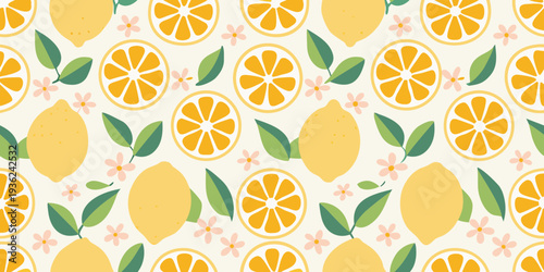 A seamless pattern of vibrant lemons oranges blossoms and green leaves