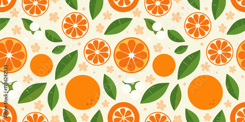 A vibrant pattern of sliced oranges whole fruits leaves and blossoms