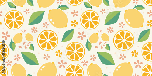 A cheerful pattern of lemons leaves and delicate floral accents