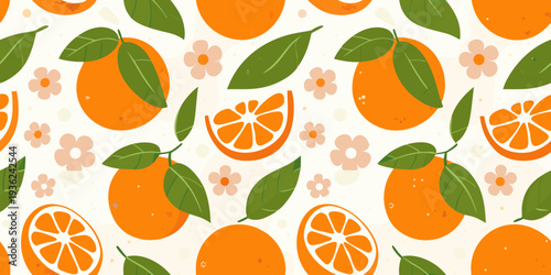 A vibrant pattern of oranges orange slices flowers and green leaves